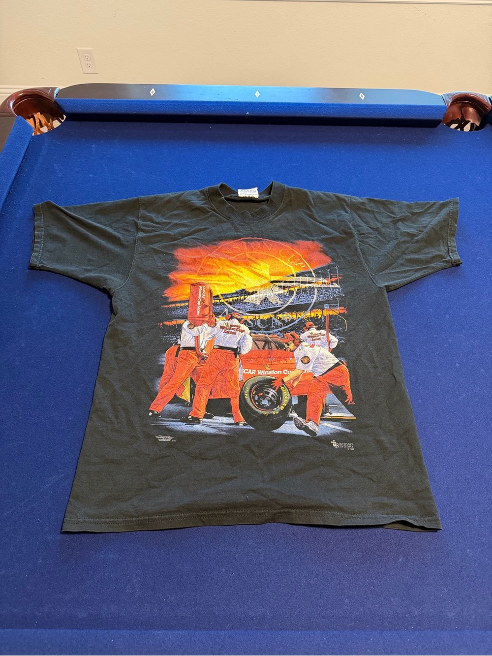 Vintage Black Racing Pit Crew Graphic Tee with Orange Accents